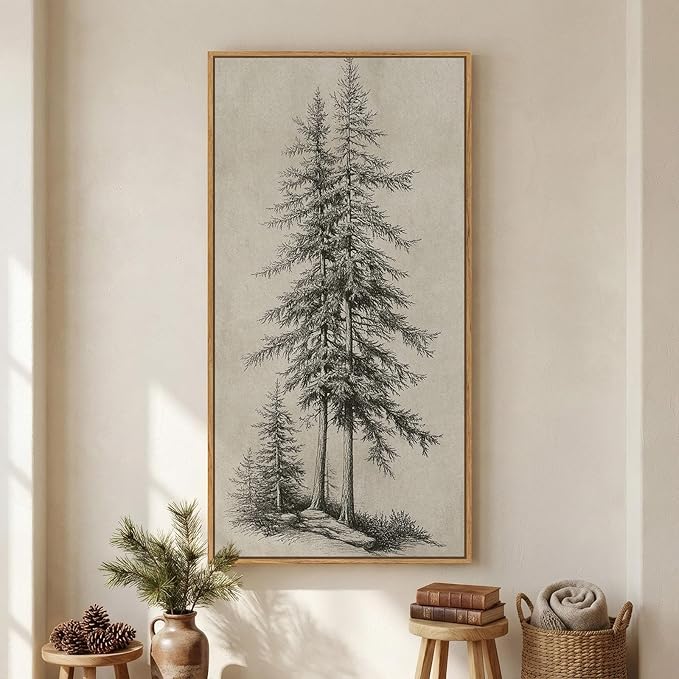 Large Framed Vertical Vintage Pine Tree Wall Art for Living Room, Neutral Sketch Rustic Classic Beige Canvas Artwork for Walls, Nordic Forest Farmhouse Wall Decor for Bedroom Hallway Office, 30x60 In