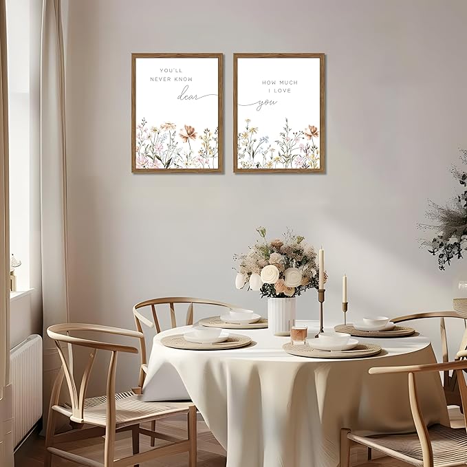 Wood Framed Wildflower Nursery Wall Art Set of 2, Boho Flower Botanical Wall Decor Paintings, Baby Girl Nurseries Pictures Posters Prints for Nursery Baby Room Bedroom Home Decoration 16x24 Inch