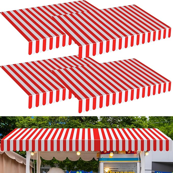 Preboun 4 Pcs 27.6''x 59'' Circus Awning Decor Decorations Striped Carnival Tent Awning Decorations Red and White Wall Decor Halloween Carnival Stand Mardigras Theme Party Photo Accessory