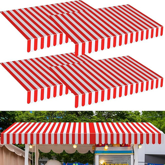 Preboun 4 Pcs 27.6''x 59'' Circus Awning Decor Decorations Striped Carnival Tent Awning Decorations Red and White Wall Decor Halloween Carnival Stand Mardigras Theme Party Photo Accessory