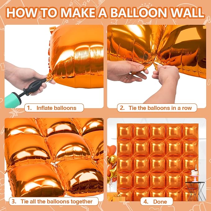 NISOCY Thanksgiving Fall Balloons 25PCS Orange Square Foil Balloons Wall Backdrop Double Sided Orange Balloon Tunnel Arch Kit for Birthday Graduation Wedding Halloween Baby Shower Party Decorations
