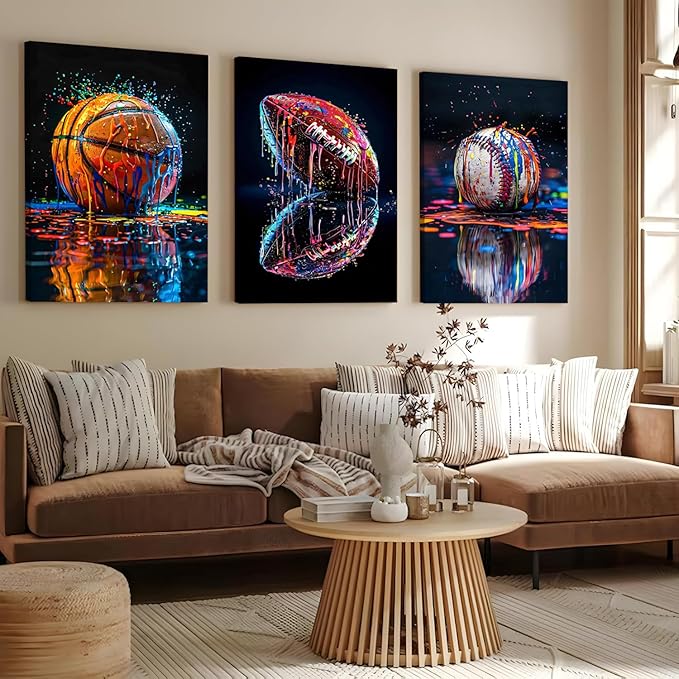 Sports Wall Art Set of 3, Retro Basketball Rugby Football Baseball Canvas Prints, Graffiti Style Print Artwork Ball Painting Wall Decor for Boys Bedroom Game Room Living Room Home Decor12x16 in Framed