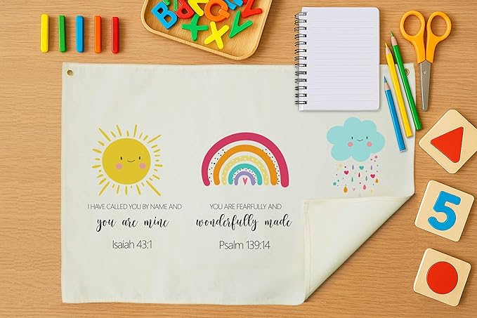 Christian Bible Verse Scripture Nursery Canvas Banner-Rectangular Flag Sign for Baby Boy Girl Kid,Bedroom Playroom Nursery Door Decoration,Baby Shower Birthday Christmas Gift,Weather Rainbow Theme