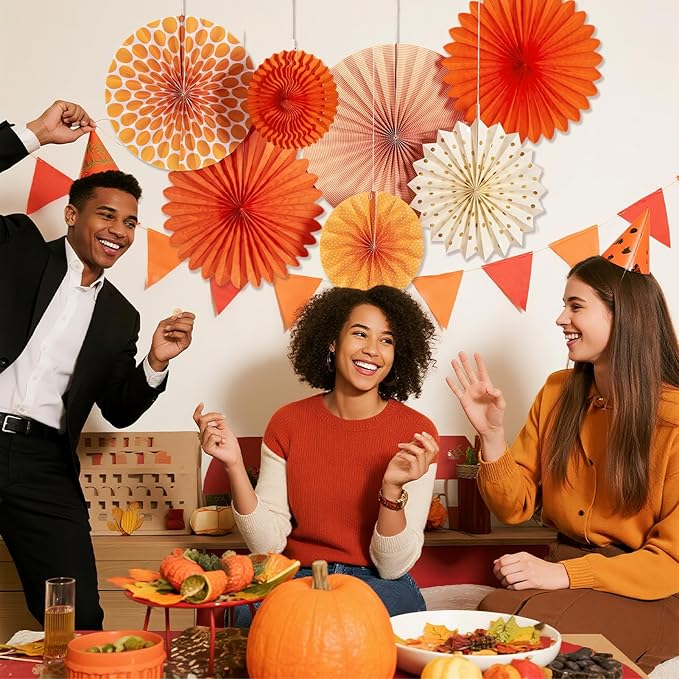SUNBEAUTY Pack of 7 Hanging Paper Fans Collection Orange Paper Fans Home Party Photo Backdrop Decorations
