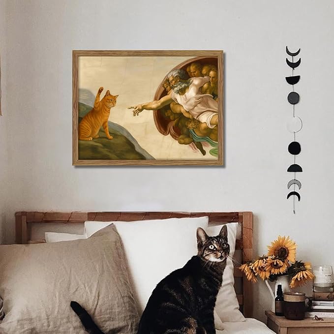 Framed Vintage Cat Canvas Wall Art, Funny Orange Cat Parody Classic Masterpiece Prints, Renaissance-Inspired Animal Artwork, Retro Humorous Wall Decor for Living Room Bedroom Playroom – 12x16 inch