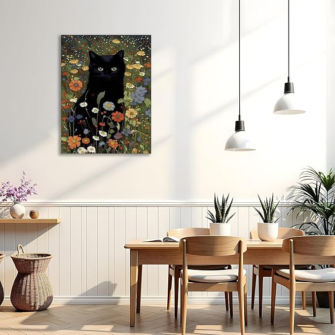 Framed Cat Canvas Wall Art, Funny Black Cat Picture Wall Decor, Animal In Garden Flowers Prints Poster for Bathroom Bedroom Living Room Gallery Decor 16x24 inch