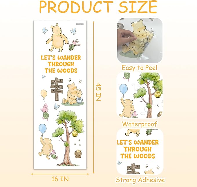 Winnie Wall Stickers for Kids, Winnie Character Stickers, The Pooh Inspirational Sticker, The Pooh Removable Sticker for Kids Baby Nursery Children Room Living Room Bedroom Playroom Wall Decoration