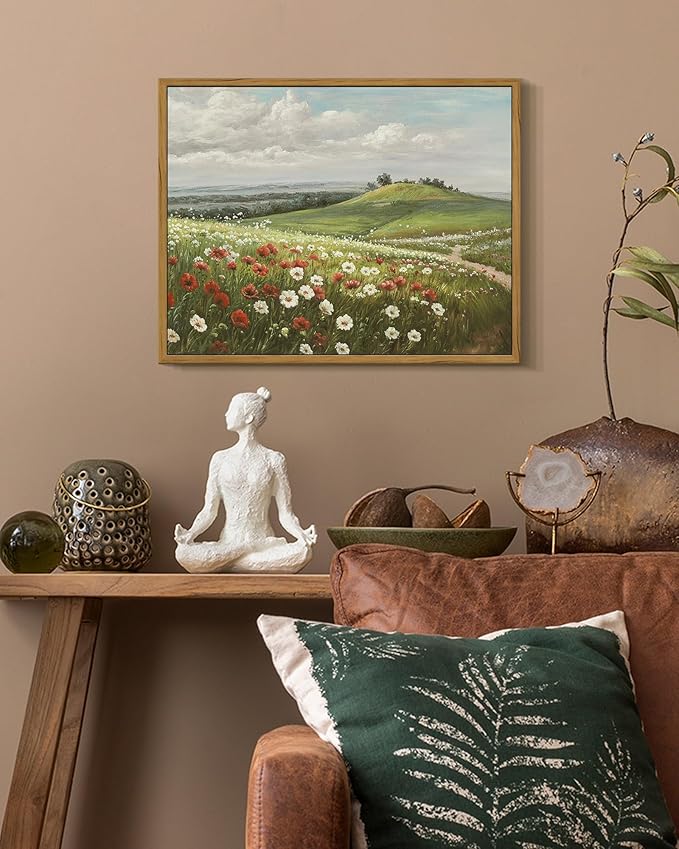SHENIFY Vintage Landscape Framed Wall Art Meadow with Flowers Scenery Farmhouse Decor Rustic Retro Grassland Floral Field Painting for Kitchen Living Room Bedroom Bathroom - 11x14in Natural Framed