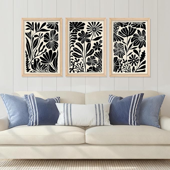 YWJKWLGS Black and White Abstract Floral Botanical Wall Art, 3 piece, 11x16 Inch, Vintage Boho Plant Flower Minimalist, Mid Century Print sign Frame for Bedroom Living Room Office (Wood)
