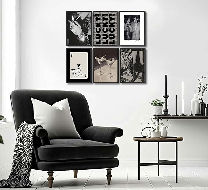 6pcs Trendy Leopard Wall Art Neutral Black And White Cheetah Paintings Martini Lucky Posters Prints Poker Preppy Fashion Luxury Wall Decor For Girly Bedroom Apartment Dorm Decoration(Unframed)