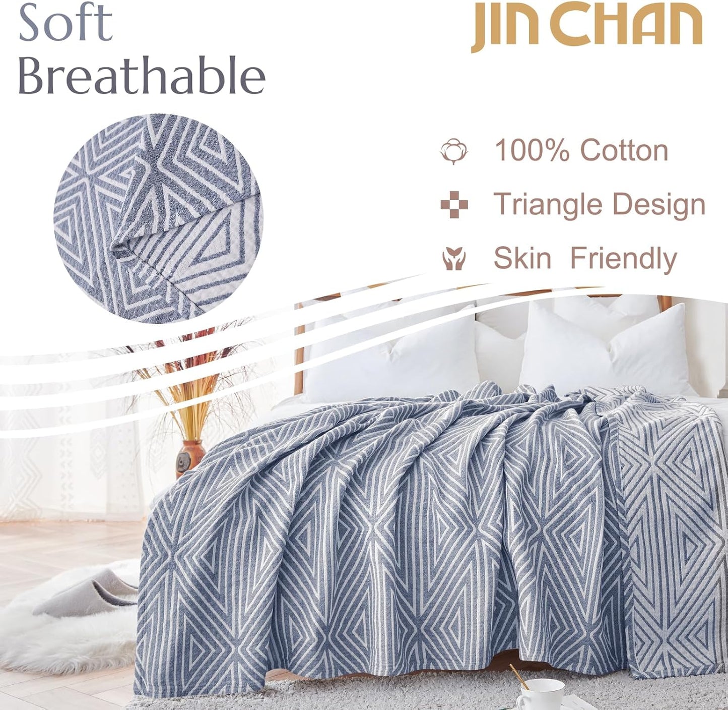 JINCHAN Boho 100% Cotton Blanket Muslin Twin Size 60x80 Inches Lightweight 3-Layer Geometric Triangle Striped Pattern Reversible Quilt Throw Soft Breathable Comfy All Seasons for Couch Bed Decor, Blue