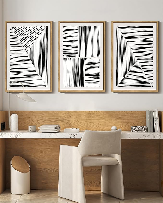 Drsoum Mid-Century Modern Framed Wall Art Large 16x24in Minimalist Abstract Boho Black Line Wall Decor Geometric Artwork Kitchen Dining Room Natural Framed