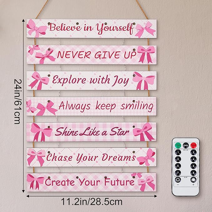 FIOBEE Girls Room Décor for Teen Girls Boys with LED Light Wall Decor for Bedroom Motivational Inspirational Wall Art Room Decoration for Kids Studyroom, 8 Kinds of Lights, Pink Bow