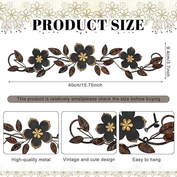 Wesiti Metal Flower Wall Decor Vintage Spring Metal Flower Wrought Iron Scroll Sculpture 15.7''x3.7'' Farmhouse Leaf Wall Decor with Nails for Spring Living Room Bedroom Indoor Outdoor (Black)