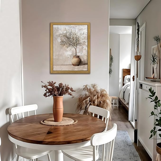 Vintage Olive Tree Canvas Wall Art, Farmhouse Aesthetic Oil Painting, Rustic Potted Plant Wall Decor, Neutral Botanical Print Artwork Picture for Living Room Kitchen Home Decor 16x24 Inch Framed