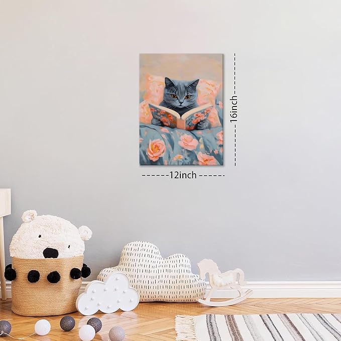 Framed Cat Reading Book Canvas Wall Art, Cute Gray Kitten Painting Print, Funny Animal Lovers Picture Wall Decor for Bedroom Living Room Kids Room Girls Room Home Decor 16x24 Inch