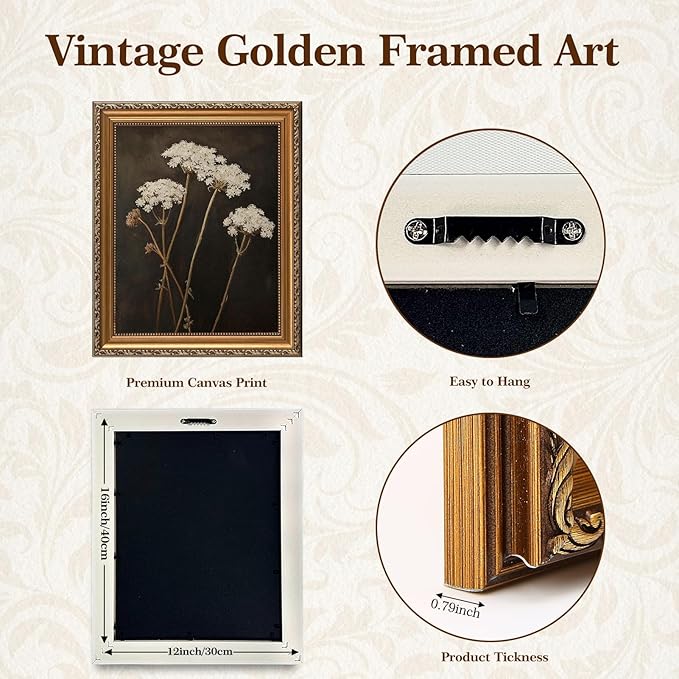 ASTRDECOR Gold Framed Vintage Wall Art, Dark Floral Canvas Print for Living Room & Kitchen Shelf Decor, Moody Floral Art, Antique White Queen Anne's Lace Artwork, 12"x16"