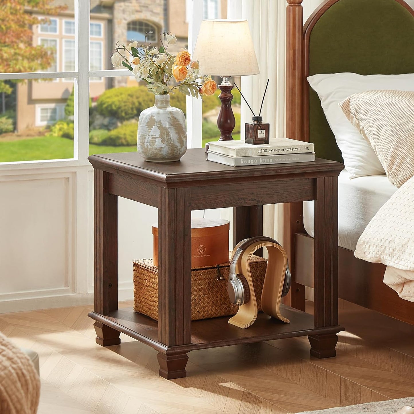 Farmhouse End Table,Large Side Table with 2-Tier Storage Shelf,Rustic Brown End Tables for Living Room,Square Tea Table,Walnut
