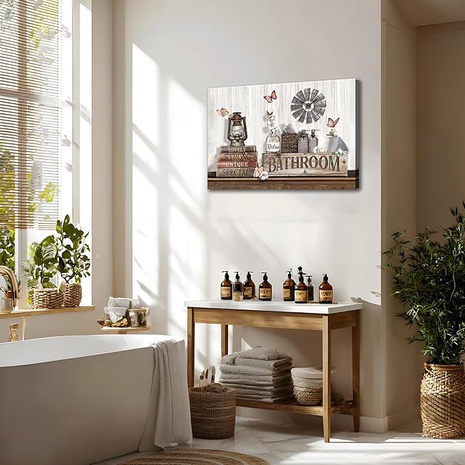 Farmhouse Bathroom Wall Art Rustic Cotton Flower Butterfly Painting Country Bathroom Picture Wall Decor Modern Country Relax Sign Prints Rustic Farmhouse Inspirational Print Artwork Home Decor 12x16"