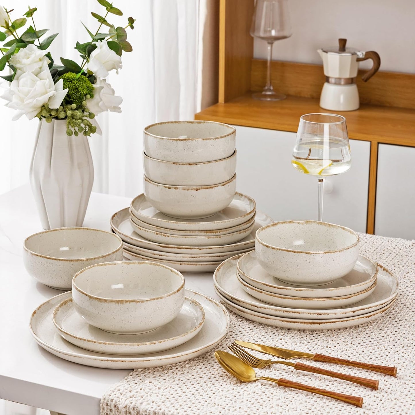 AmorArc Ceramic Dinnerware Sets, Wavy Rim Stoneware Plates and Bowls Sets, Highly Scratch Resistant | Dishwasher & Microwave Dishes set, Service for 8 (24pc)-Speckled Cappuccino