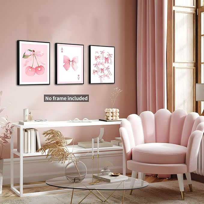Trendy Pink Bows Posters Wall Art Set of 3, Vintage Preppy Cherry Picture Prints, Pink Girly Room Aesthetic Canvas Wall Decor Painting for College Apartment Living Room Bedroom 12x16 In Unframed