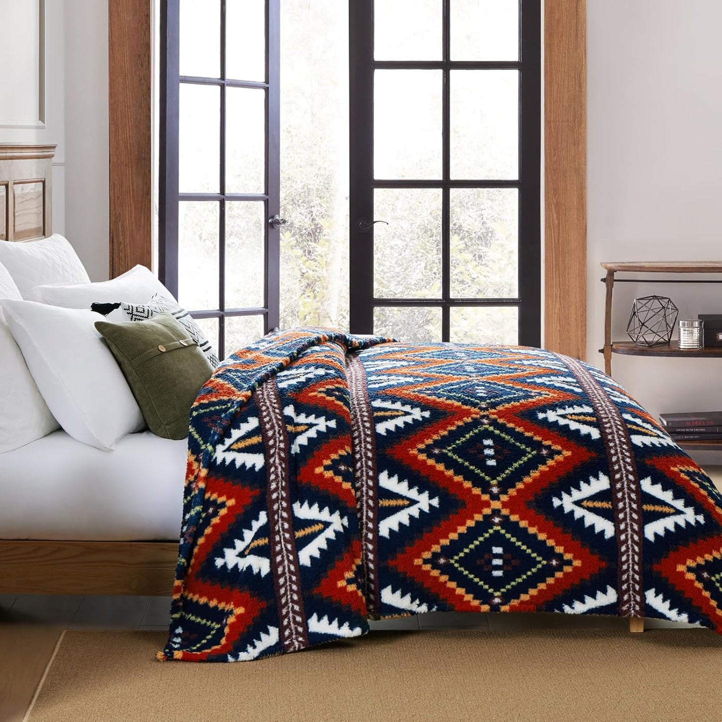CASAAGUSTO Boho Sherpa Throw Blanket, Aztec Queen Blanket, Ultra Soft, Warm, Cozy, Plush, Thick Fleece Bohemian Throw Blanket for Couch, Bed, Sofa (Navy Blue 90 * 90 Inch)