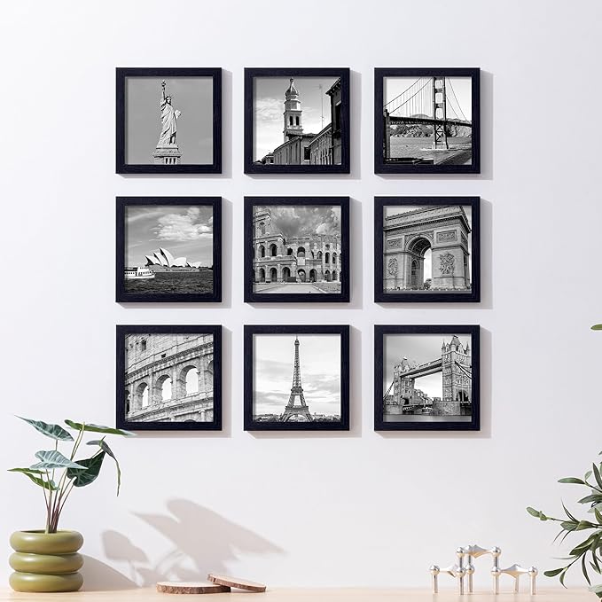 eletecpro 8x8 Picture Frames Set of 9 with Clear Acrylic Cover, Display 4x4 Photos with Mat or 8x8 Without, Classic and Sturdy Square Collage Gallery Wall Decor, Easy Wall Mount, Black