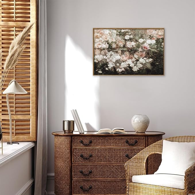 KBKBART Framed Canvas Wall Art for Living Room Bedroom Decor,Vintage Moody Floral Art Print Flower Rose Garden Canvas Painting, Rustic Bathroom Decor, Classical Vintage Wall Art(16"x24")