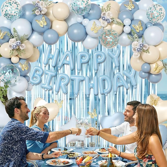 Blue Birthday Decorations, Dusty blue Sand White Confetti Foil Balloons Happy Birthday Banner Gold Butterfly Fringe Curtains, Light Blue Birthday Decorations for Boys Girls Women Men