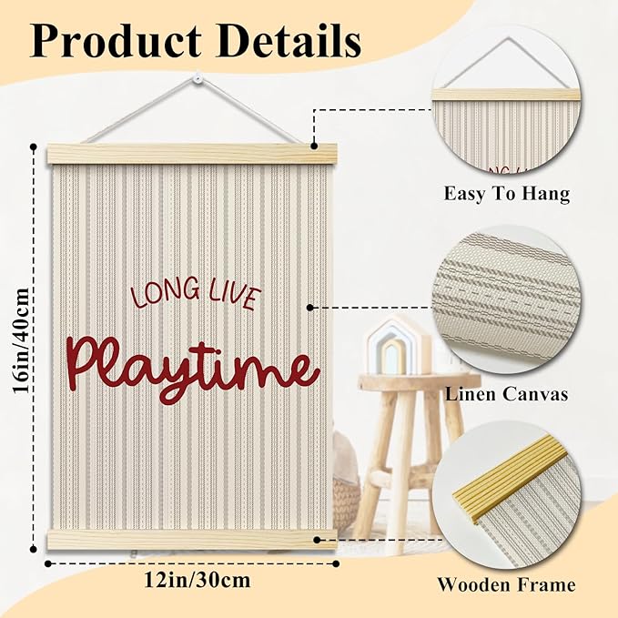Long Live Playtime Posters Hanger Frame for Boys Room Red Hanging Poster for Bedroom Kids Room Classroom Decor Stripes Wall Art Decor for Nursery Playroom Canvas Wall Art Print 16x12 Inches - YY047