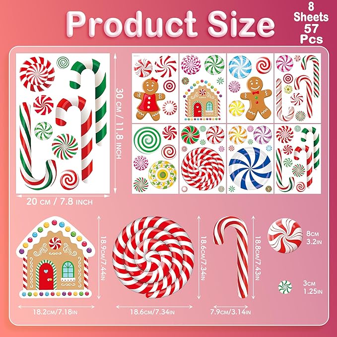 Christmas Candy Wall Decals, 8 Sheet Christmas Decorations Wall Stickers Peppermint Candy Cane Gingerbread Decals for Walls for Candyland Xmas Decoration
