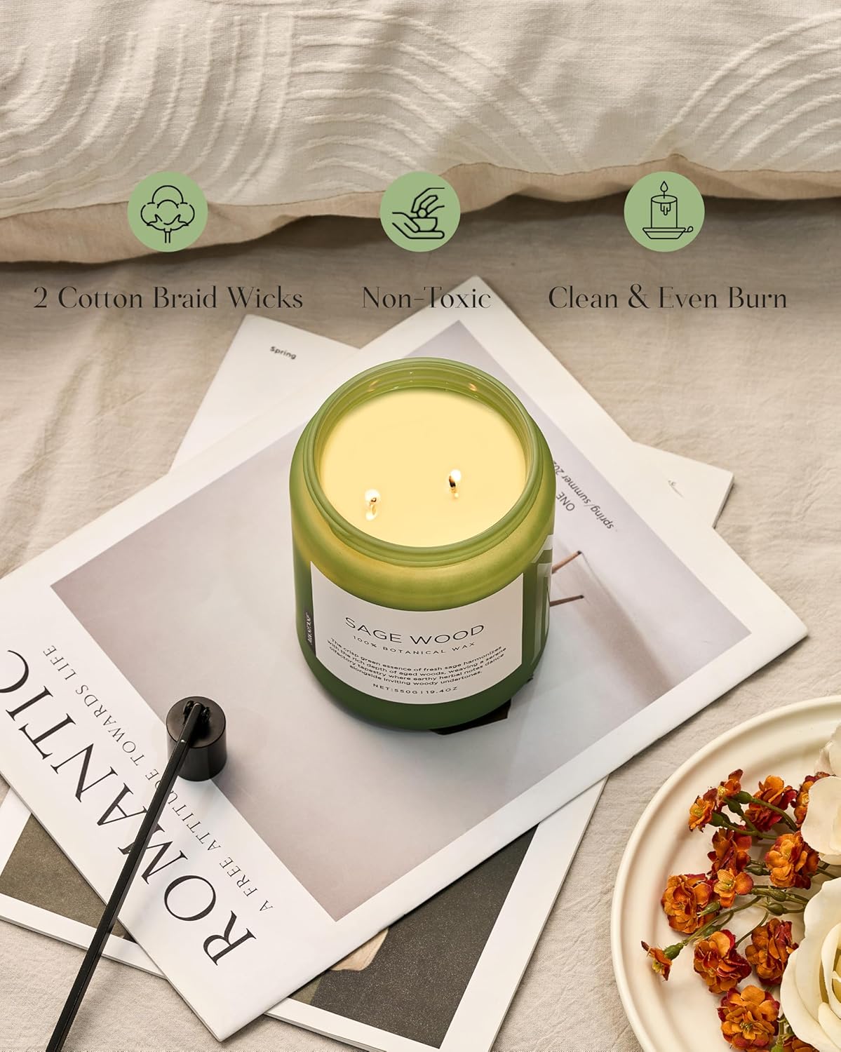 M&SENSE Sage Wood Scented Candle, 19.4oz 110 Hours Long Lasting Clean Non Toxic All Natural Soy Wax Candle for Relaxing & Stress Relief, 2 Wick Home Fragrance Gifts for Home Decor
