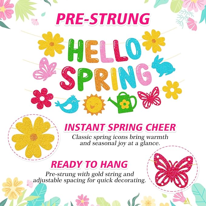 Hello Spring Banner, Glitter Spring Decoration for Home, Classroom, Easter Party & Porch - Floral Welcome Sign for Indoor Outdoor Door Wall Decor, Easter Seasonal Themed Photo Backdrop