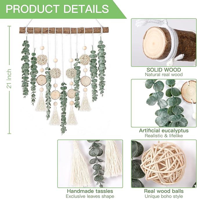 Sggvecsy 21’’ Eucalyptus Wall Hanging Decor Artificial Eucalyptus Plant Fake Greenery Leaves Boho Wall Decor with Wooden Stick for Bathroom Bedroom Kitchen Rustic Farmhouse Home Living Room Decoration