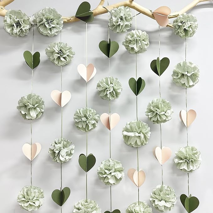 Sage Green Party Decoration Tissue Flowers Pom Pom with 3D Heart Hanging Paper Garland Banner Streamer for Birthday Baby Shower Wedding Valentines Day Woodland Neutral Themed Party Home Decor Supplies