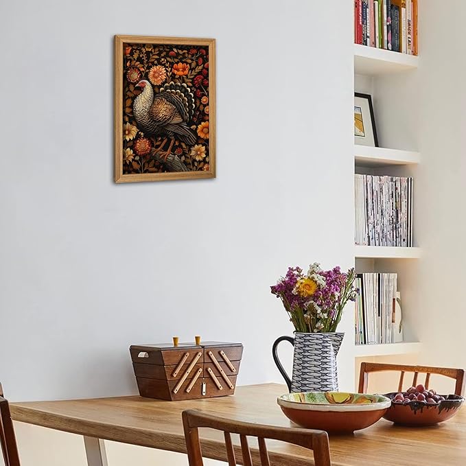 Framed Vintage Turkey 3D Textures Wall Art – Fall Floral Thanksgiving Wall Decor, Rustic Autumn Harvest Bird Artwork Painting for Living Room Kitchen Dining Room – 16x24in