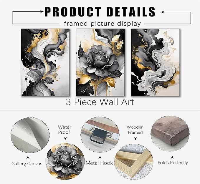 3pcs Black And Gold Abstract Canvas Wall Art Modern Black Grey And Gold Marble Wall Decor Pictures Minimalist Foil Fluid Texture Posters Prints for Living Room Bedroom Office Home Decoration