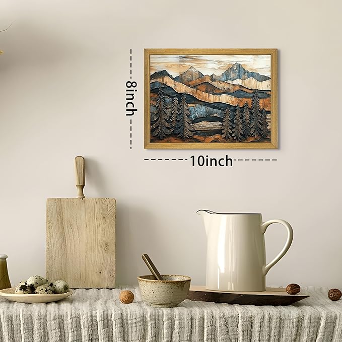 Vintage Boho Mountain Wall Art, Framed Landscape Canvas Wall Art, Nature Forest Wall Decor, Rustic Farmhouse Print Poster Painting for Living Room Bedroom Dining Room 8x10 Inch