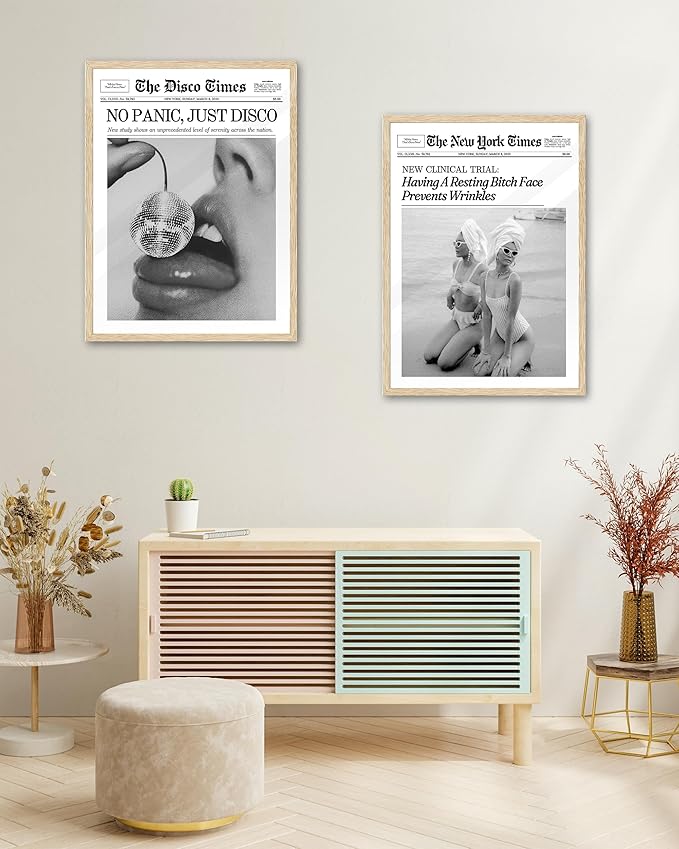 iHery Unframed Trendy Disco NewsPaper Wall Art Prints,12x16in Canvas Wall Art Prints,Cherry Disco Ball Headline Poster New York News,Magazine Cover Art Dorm Living Room Home Décor 1Pack