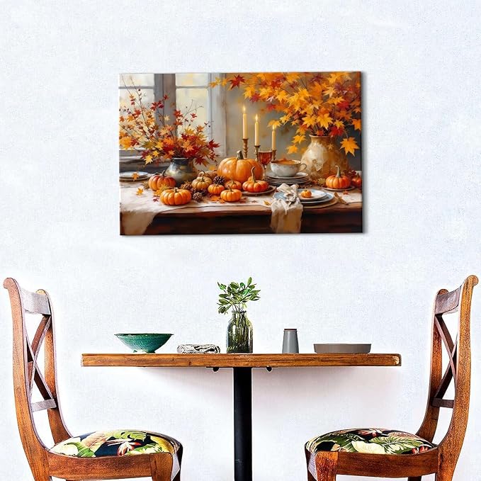 Farmhouse Kitchen Decor Pumpkin Wall Decor Maple Leaves Painting Orange Pumpkin Canvas Prints Rustic Fall Harvest Themed Pictures Still Life Artwork for Bedroom Dining Room Home Decoration 16x24"