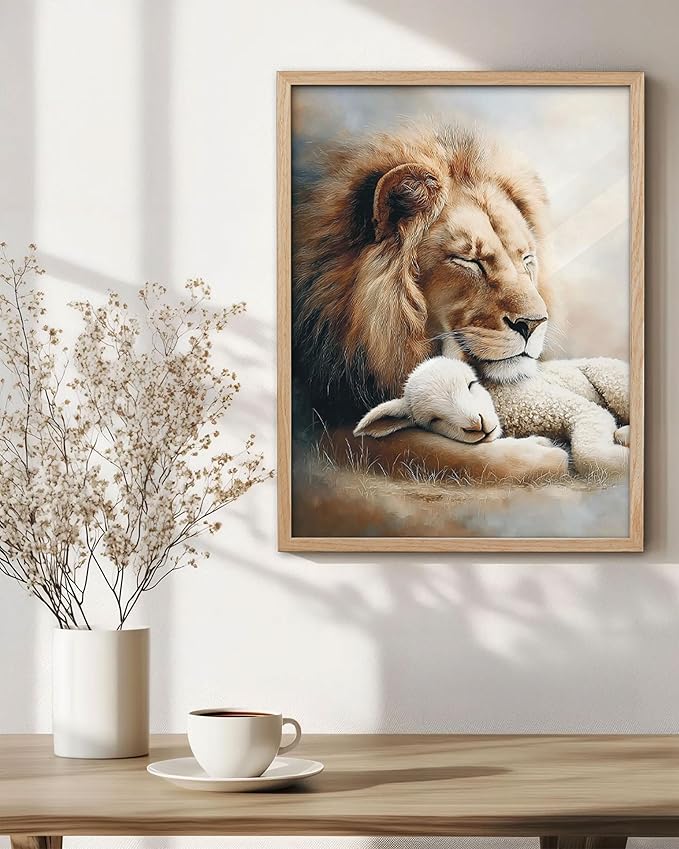 KensTro Christian Nursery Decor Framed Wall Art, 12x16 in Lion and Lamb Canvas Wall Art Prints,Christ, Jesus, God, lion of Judah, Lamb of God,Peaceful Print for Christian Boy and Girl Bedroom Set of 1