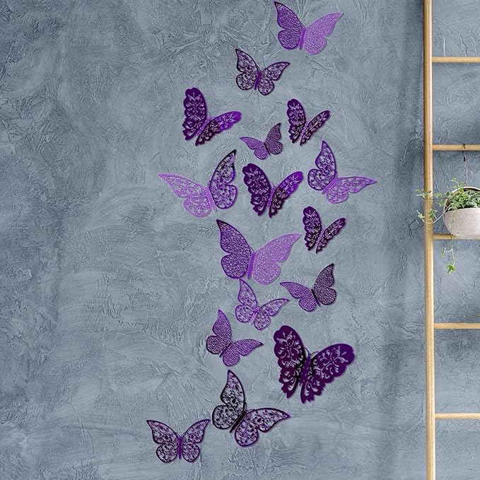 Bememo 72 Pieces 3D Butterfly Wall Decals Sticker Decal Wall Decor Art Decorative Sticker 3 Sizes for Room Offices Bedroom Bathroom Living Room Decor(Purple)