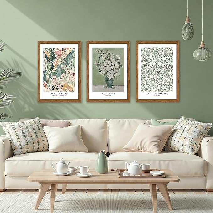 JLTULT 3 Piece Vintage Sage Green Canvas Wall Art, Van Gogh Matisse Wall Decor, Botanical Painting Artwork Prints for Living Room Bedroom Home Office 16X24 inch Wood Framed Easy to Hang