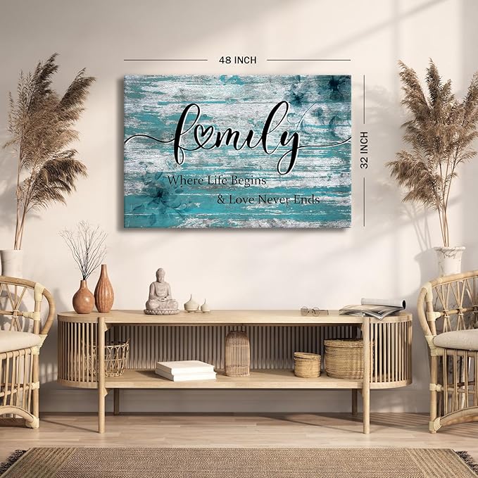 Large Family Wall Art Turquoise Wall Decor for Kitchen Inspirational Saying Canvas Prints Where Life Begins Love Never Ends Signs Picture Vintage Farmhouse Painting Artwork Home Decoration 32x48"