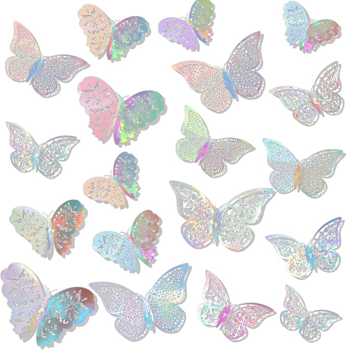 Bememo 72 Pieces 3D Butterfly Wall Decals Sticker Decal Wall Decor Art Decorative Sticker 3 Sizes for Room Offices Bedroom Bathroom Living Room Decor(Holographic White)