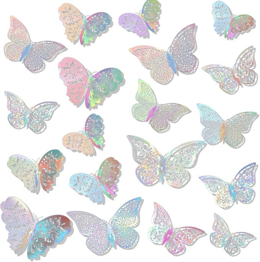 Bememo 72 Pieces 3D Butterfly Wall Decals Sticker Decal Wall Decor Art Decorative Sticker 3 Sizes for Room Offices Bedroom Bathroom Living Room Decor(Holographic White)