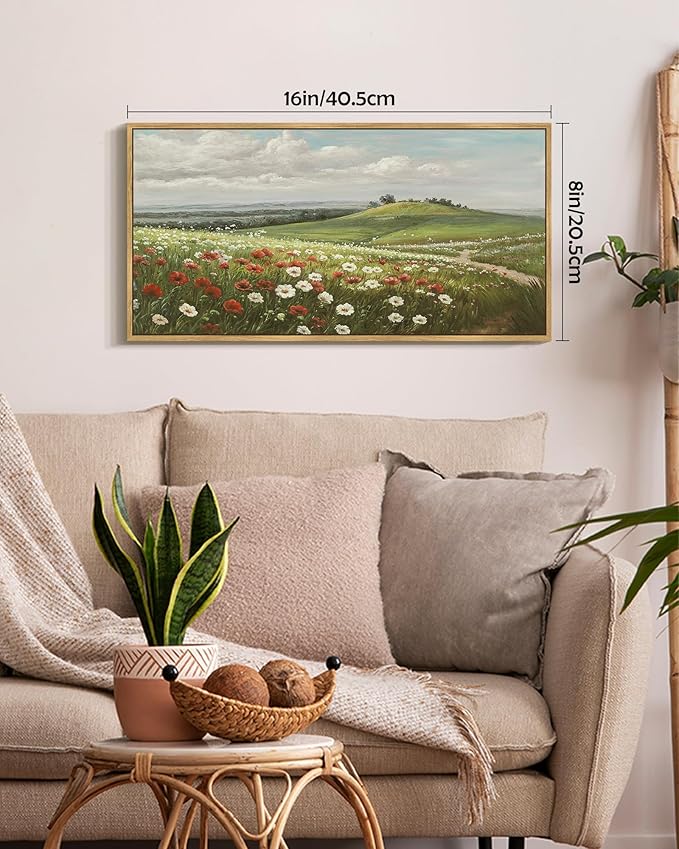 SHENIFY Vintage Landscape Framed Wall Art Meadow with Flowers Scenery Farmhouse Decor Rustic Retro Grassland Floral Field Painting for Kitchen Bedroom Living Room Bathroom - 8x16in Natural Framed