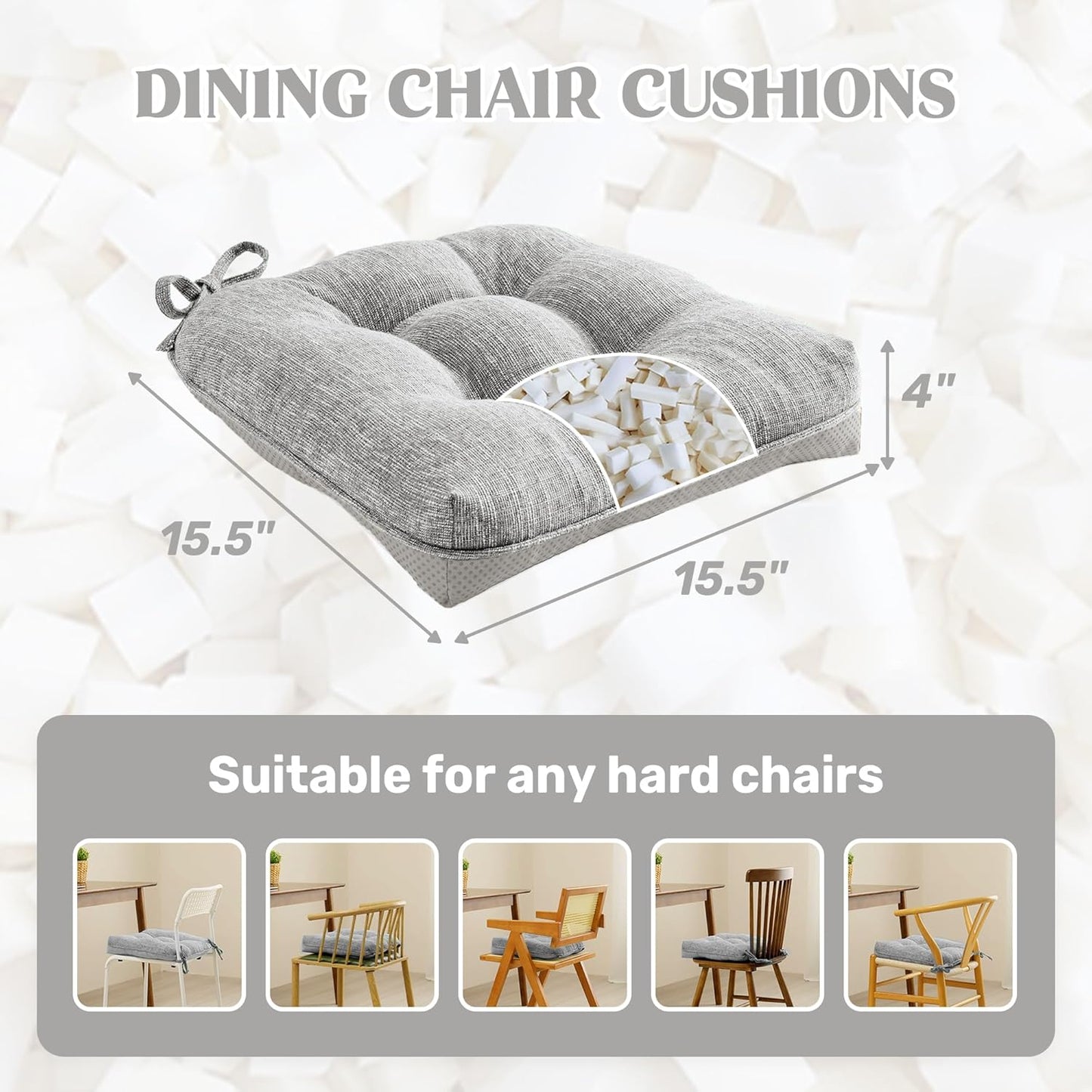 puredown® Chair Cushions for Dining Chairs, Tufted Memory Foam Chair Pads with Non-Slip Backing, Kitchen Seat Cushions with Ties, Washable Seat Pad Set of 4, 15.5" x 15.5" x 4", Light Grey