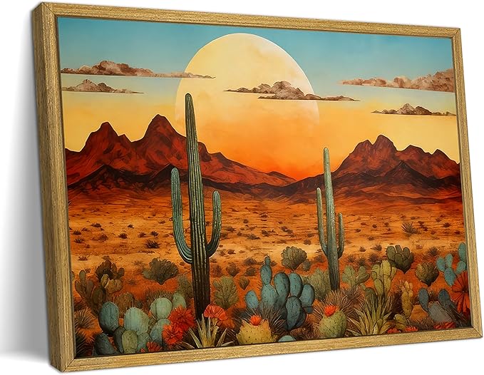 Framed Western Desert Sunset Cactus Wall Art, Vintage Southwest Nature Landscape Canvas Print, Rustic Wall Decor Picture, Boho Mexican Oil Painting for Living Room Bedroom Office bathroom 16x24 Inch