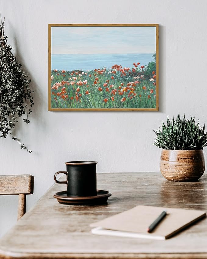 SHENIFY Vintage Framed Wall Art Coastal Wildflower Field Poppy Flower Landscape Scenery Home Decor Retro Decorations for Farmhouse Bedroom Ready to Hang Wall Artwork - 11x14in Natural Framed